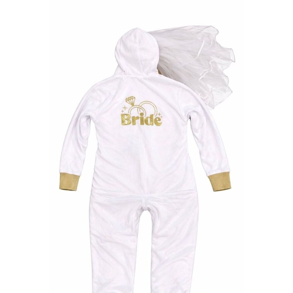 Tipsy Elves Bride Jumpsuit Hooded Veil White Gold Bachelorette Size M NWT